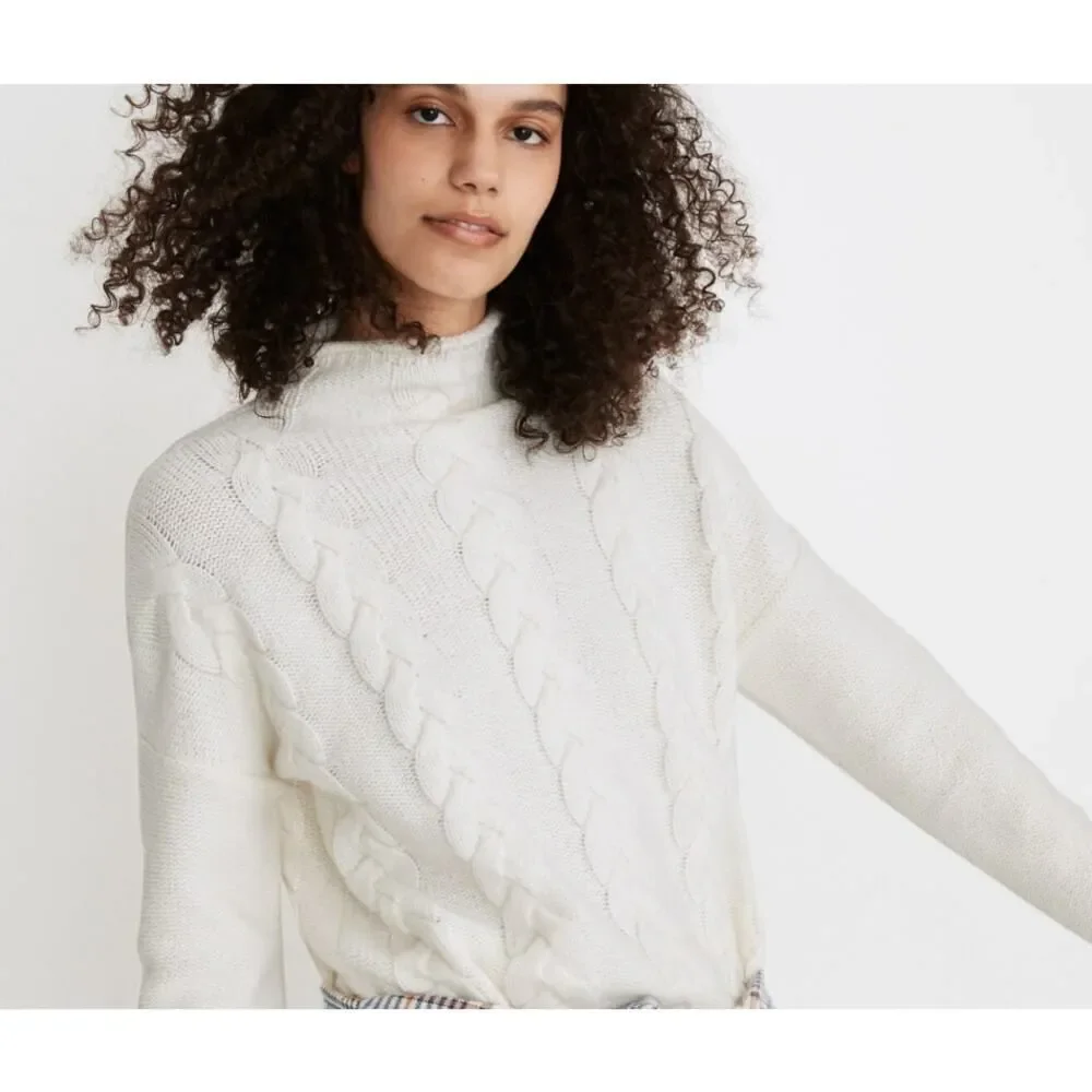 Madewell Grenville Cableknit Sweater Women's Small Cream Wool Blend Mockneck